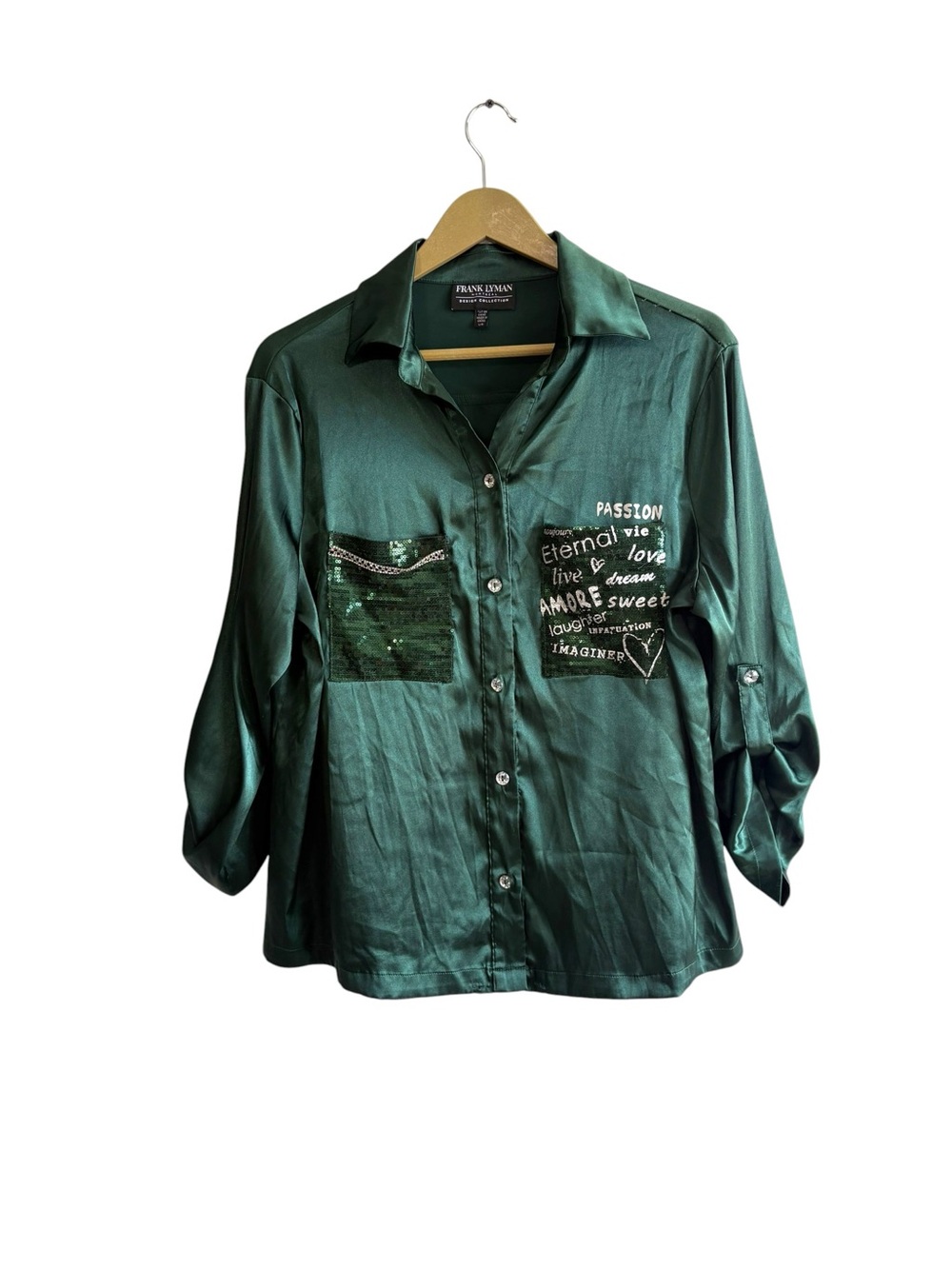 Frank Lyman Montreal Design Collection Large Emerald Green Satin Button Up Shirt